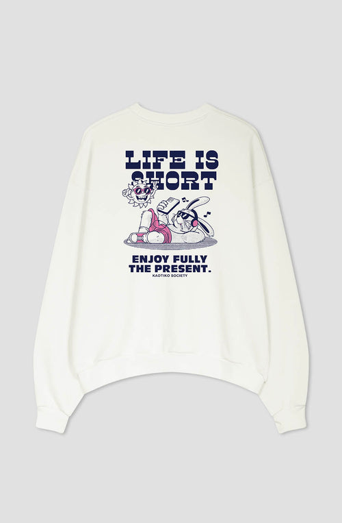 Sweat-shirt Life Is Short en coton biologique ivoire/rose