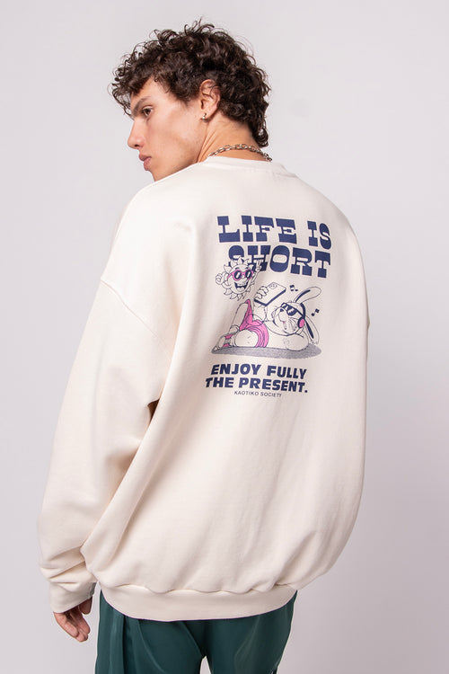 Sweat-shirt Life Is Short en coton biologique ivoire/rose