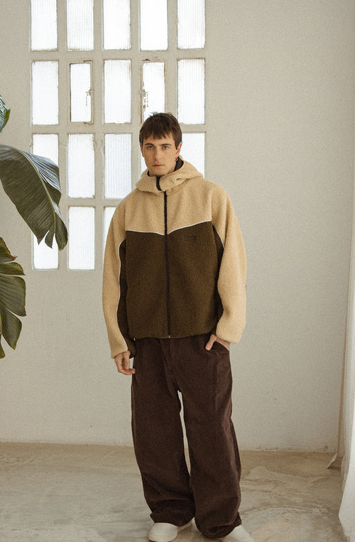 Fleece Jacket Combined Curly Ivory/Khaki