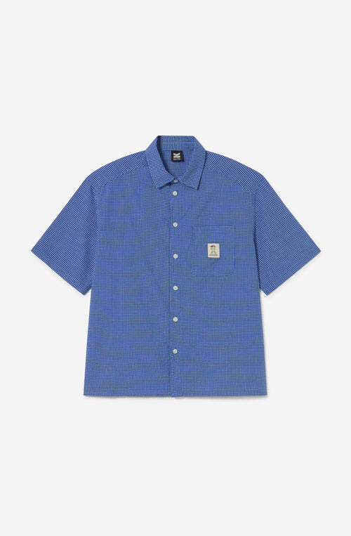 Camisa Coffee Club Blue de hombre con estampado microcuadro azul y bolsillo frontal Kaotiko BCN