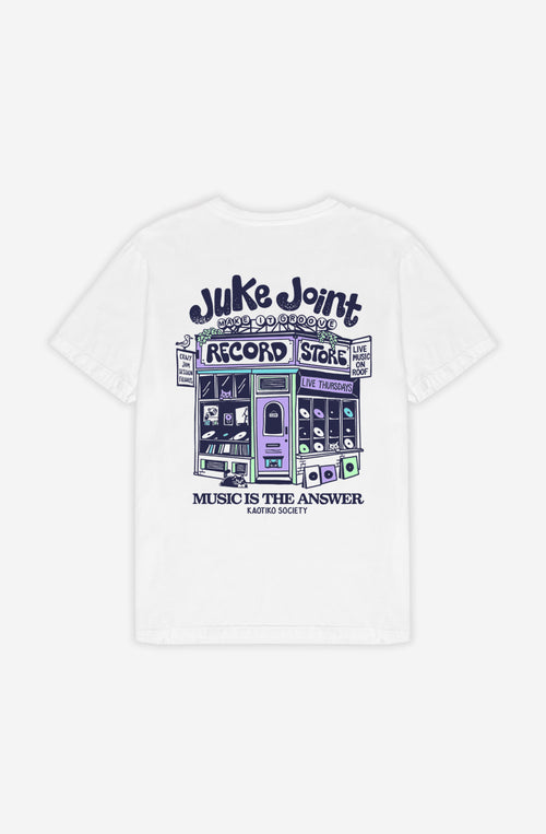 T-shirt Juke Joint Organic White unisexe en coton biologique avec illustration de magasin de disques vintage