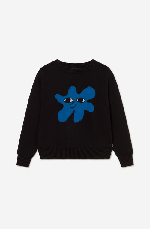 Jersey unisex de punto negro con gráfico azul Breeze Club en la parte delantera.
