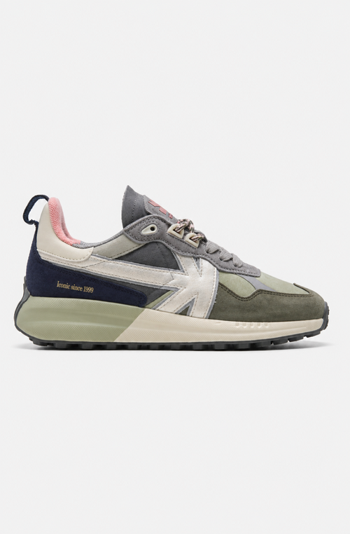 Zapatillas Detroit Multi Suede Khaki en ante y materiales combinados, con detalles verdes, grises, crudos, azul marino y rosa.