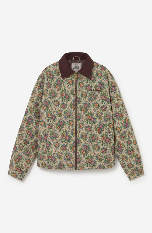 Chaqueta Belle Époque Tapestry con estampado floral multicolor, cuello marrón a contraste y cierre frontal de cremallera.