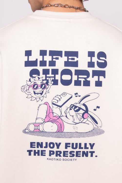 Sweat-shirt Life Is Short en coton biologique ivoire/rose 