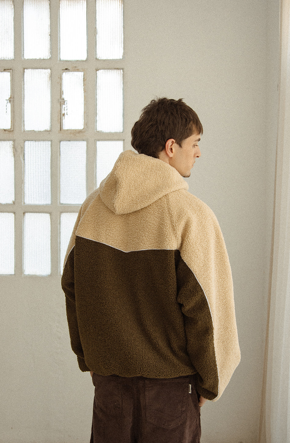 Fleece Jacket Combined Curly Ivory/Khaki