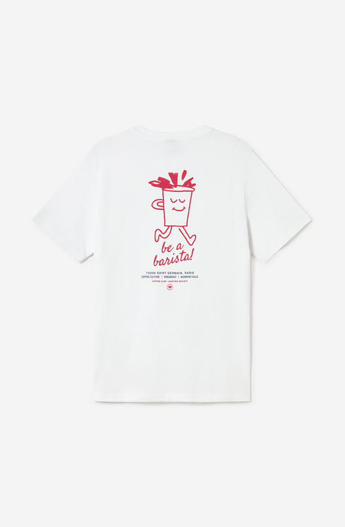 Camiseta unisex Barista Organic White de Kaotiko BCN en color blanco con ilustración frontal de una taza de café y mensaje “be a barista!”.