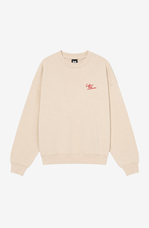 Sudadera Coffee Culture Ivory unisex con bordado frontal y gran ilustración inspirada en la cultura del café en la espalda
