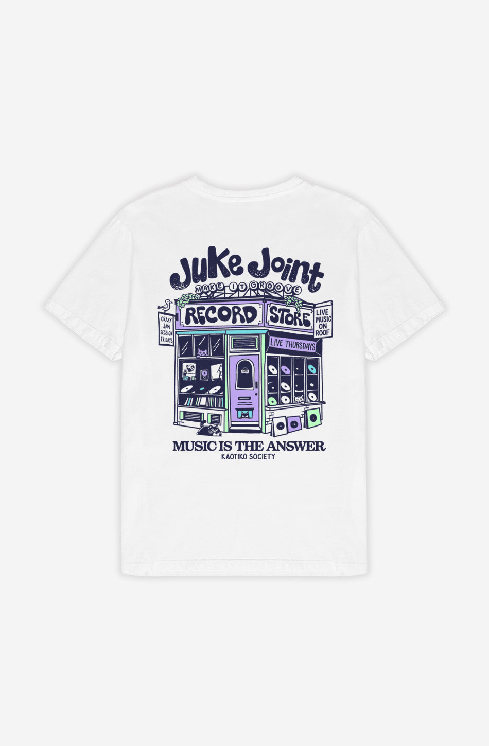T-shirt Juke Joint Organic White unisexe en coton biologique avec illustration de magasin de disques vintage