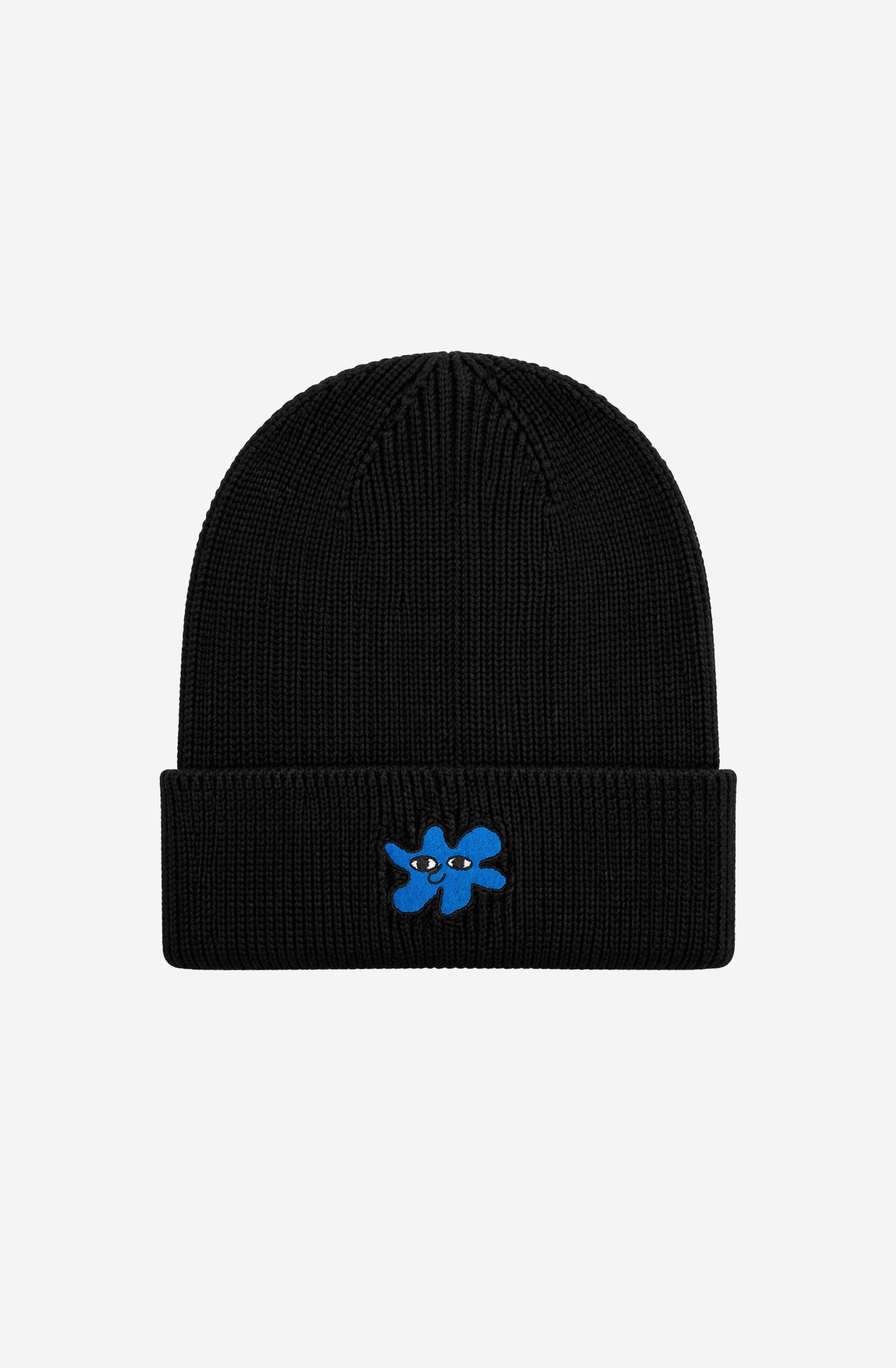 Gorro de punto negro Kaotiko Breeze Black con vuelta ancha y bordado azul de una figura con ojos.