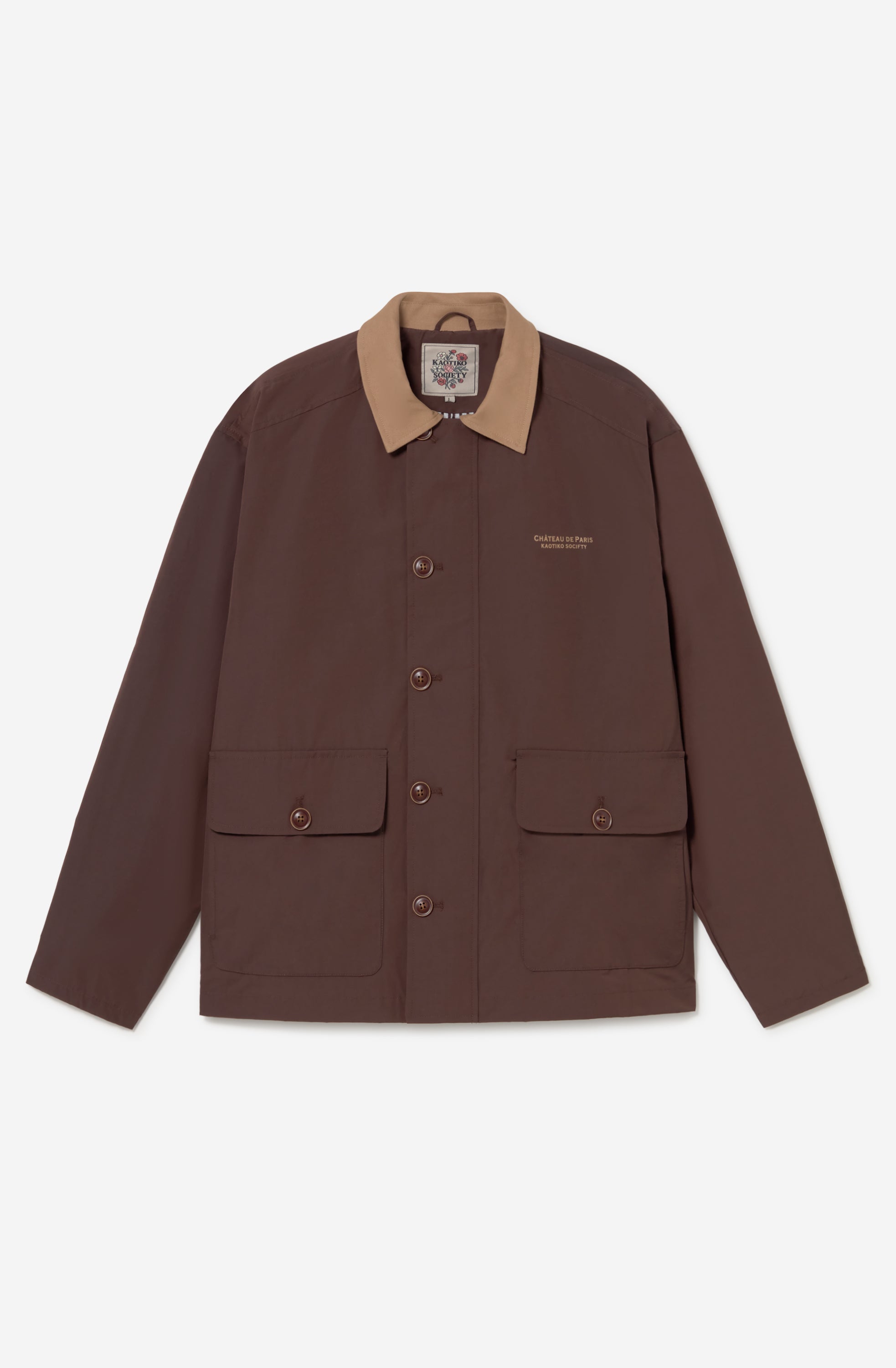 Chaqueta Chateau Paris Brown marrón con cuello camel y gráfico floral Hotel Belle Époque Château de Paris en la espalda.