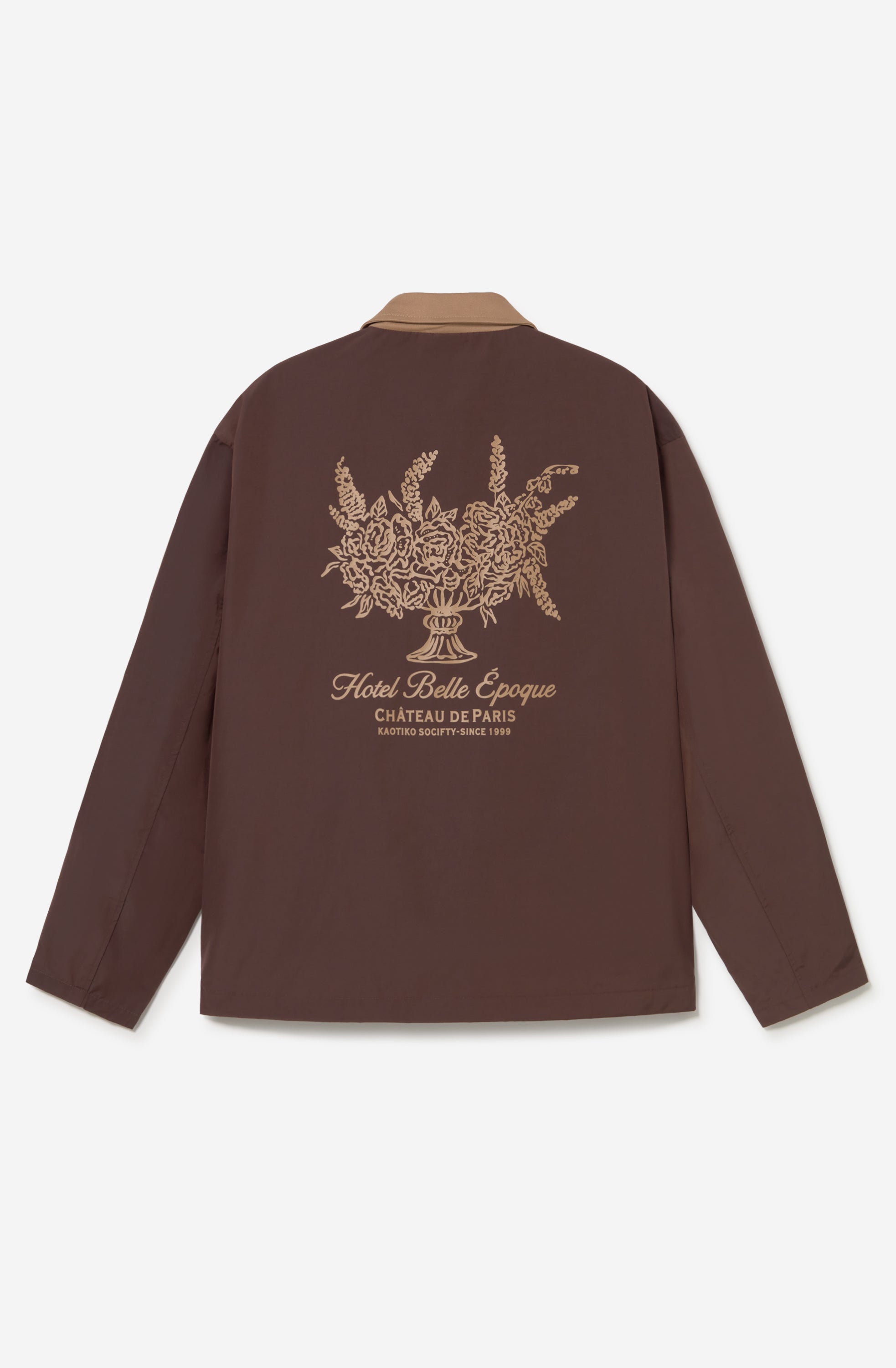 Chaqueta Chateau Paris Brown marrón con cuello camel y gráfico floral Hotel Belle Époque Château de Paris en la espalda.