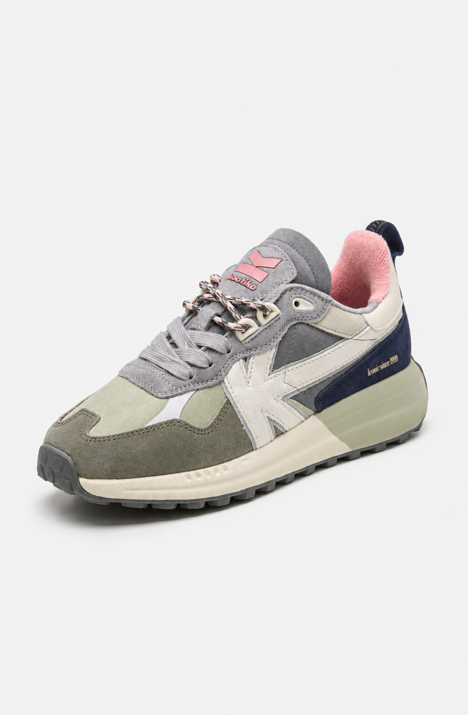 Zapatillas Detroit Multi Suede Khaki en ante y materiales combinados, con detalles verdes, grises, crudos, azul marino y rosa.