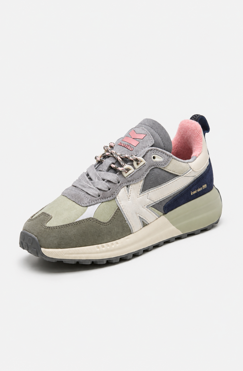 Zapatillas Detroit Multi Suede Khaki en ante y materiales combinados, con detalles verdes, grises, crudos, azul marino y rosa.