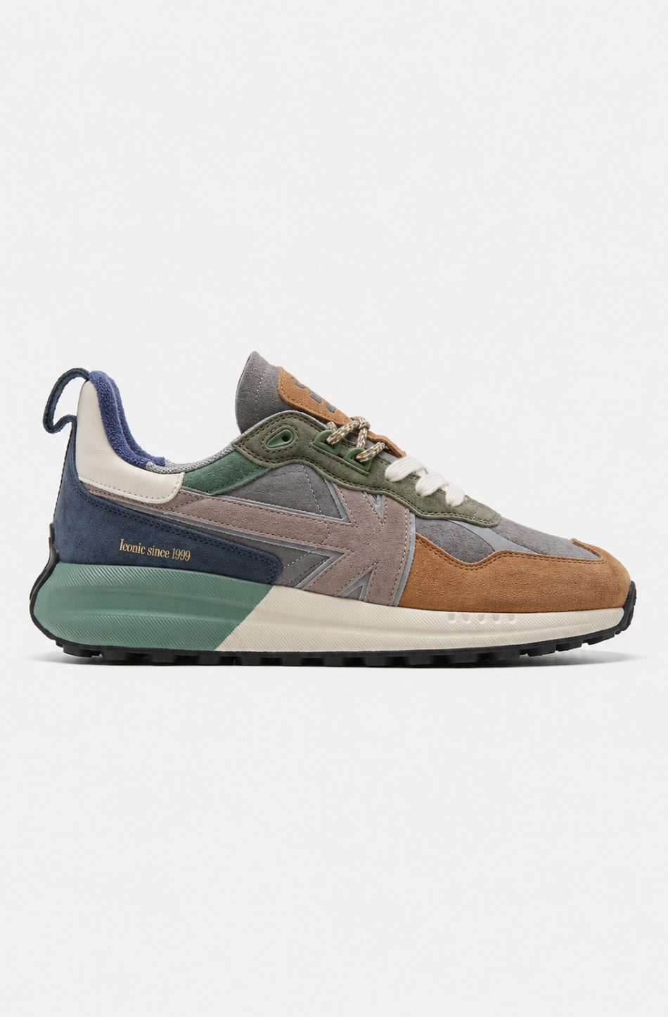 Zapatillas Vancouver Multi Suede Mid Grey en ante y materiales combinados, con detalles gris, camel, verde, azul marino y taupe.
