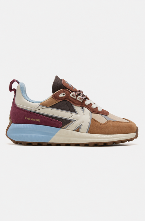 Zapatillas Detroit Multi Suede Tan en ante y materiales combinados, con detalles camel, beige, marrón, burdeos y azul.