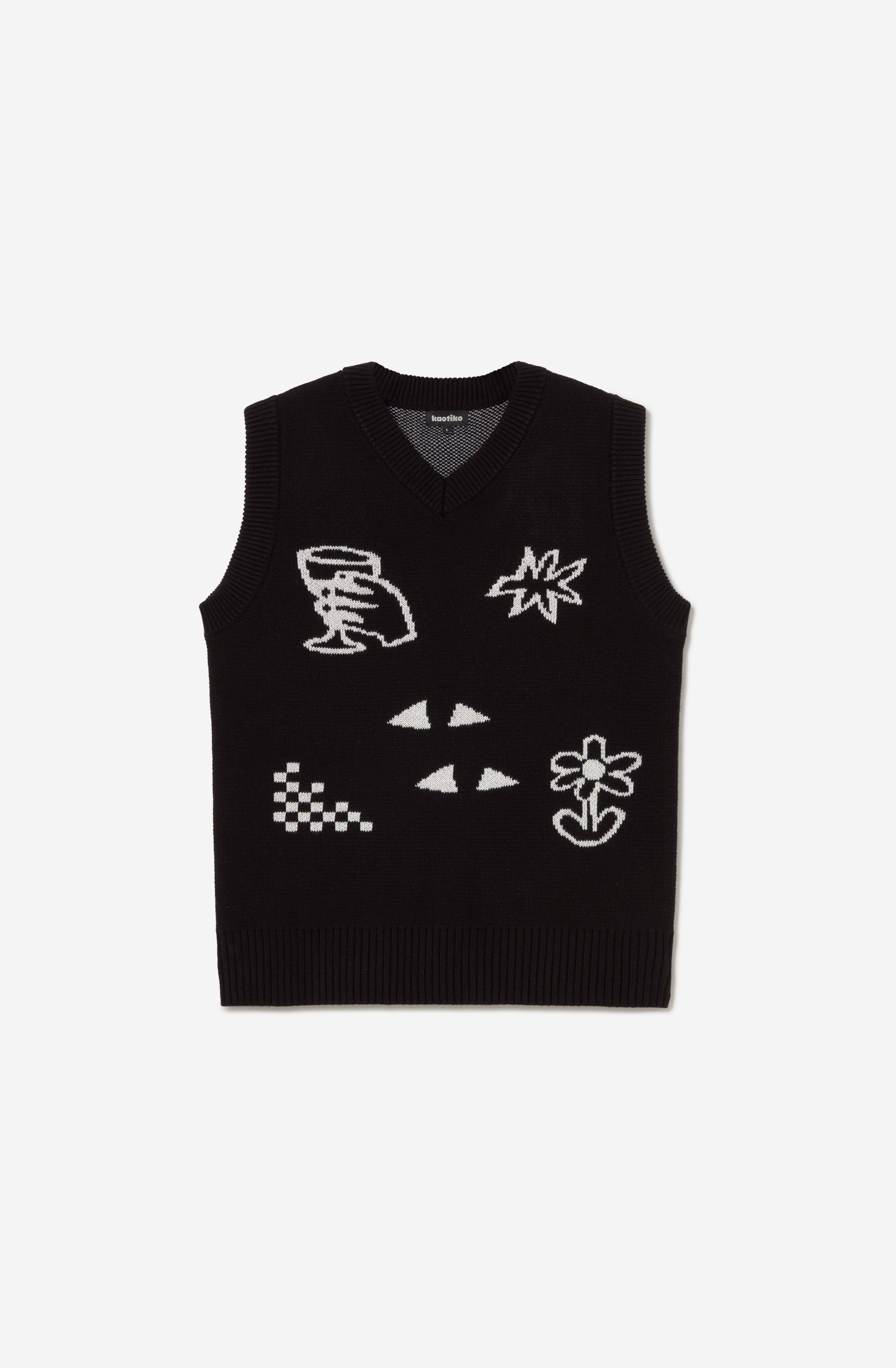 Chaleco unisex de punto negro con gráficos jacquard Breeze Club en blanco.