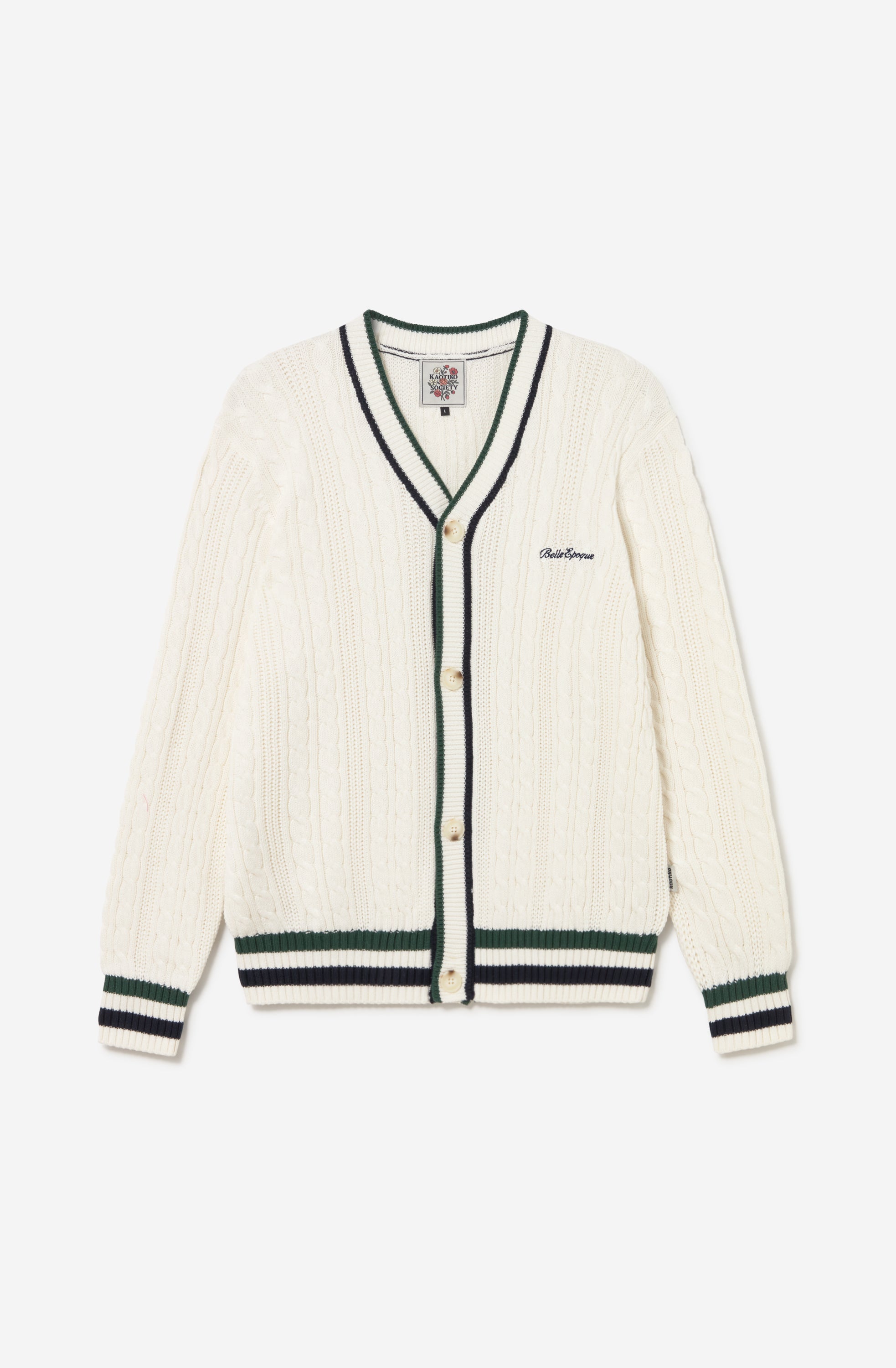 Cardigan de punto trenzado color marfil con cuello de pico, botones y detalles en verde y azul marino.