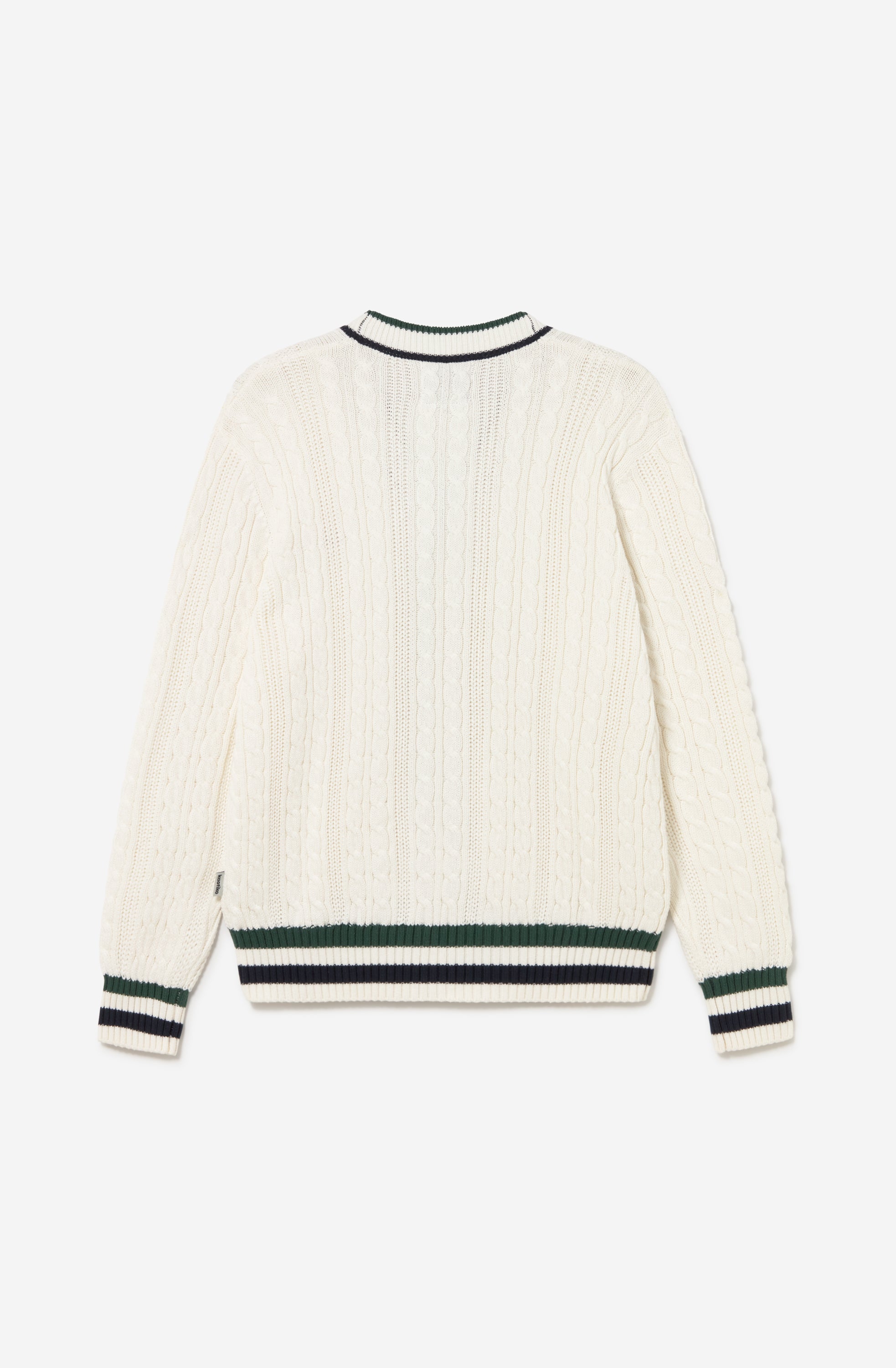 Cardigan de punto trenzado color marfil con cuello de pico, botones y detalles en verde y azul marino.