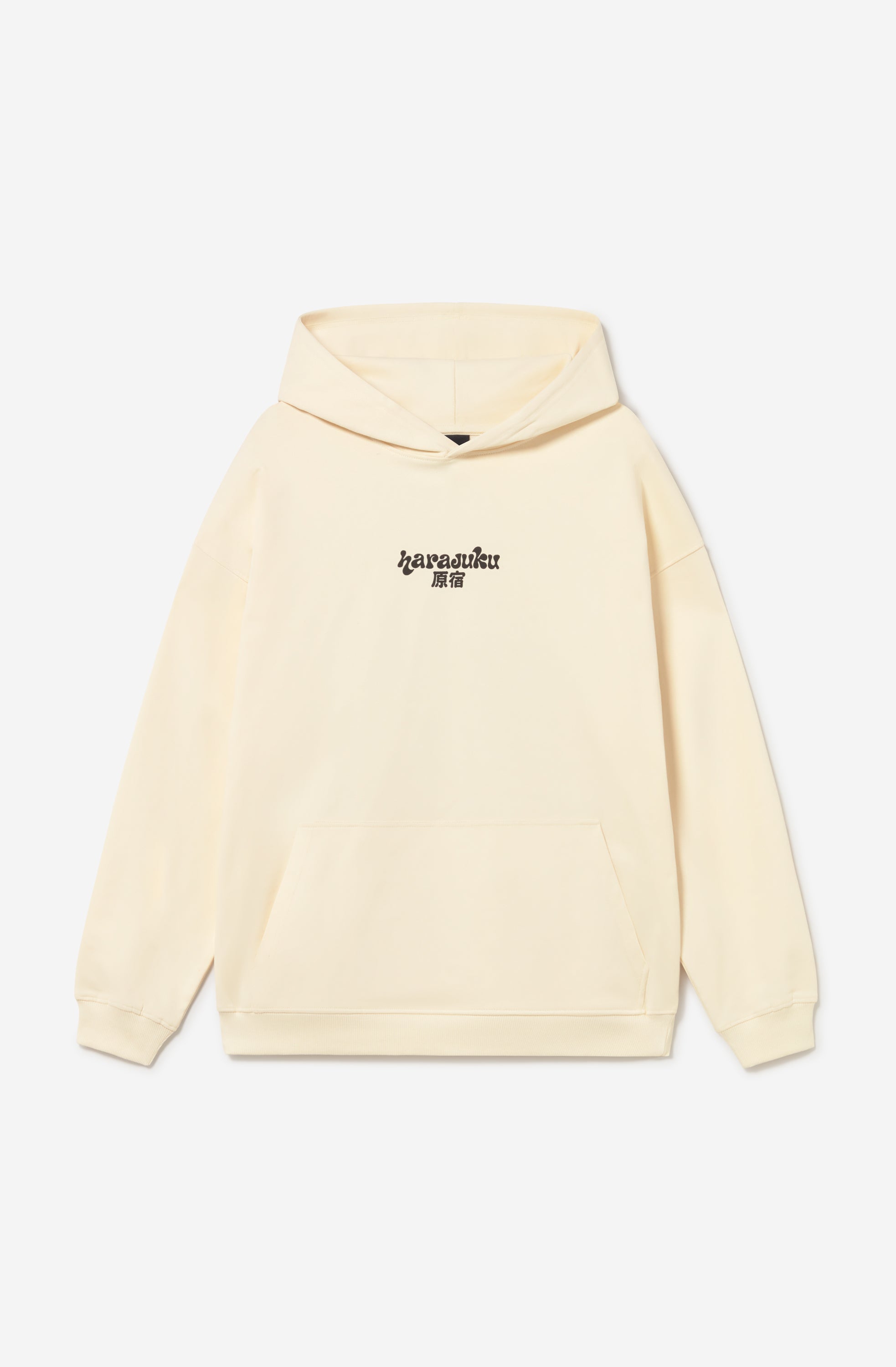 Sudadera oversize color ivory con capucha, estampado Harajuku en el pecho y gráfica trasera con tigres, flores y detalles de inspiración japonesa.