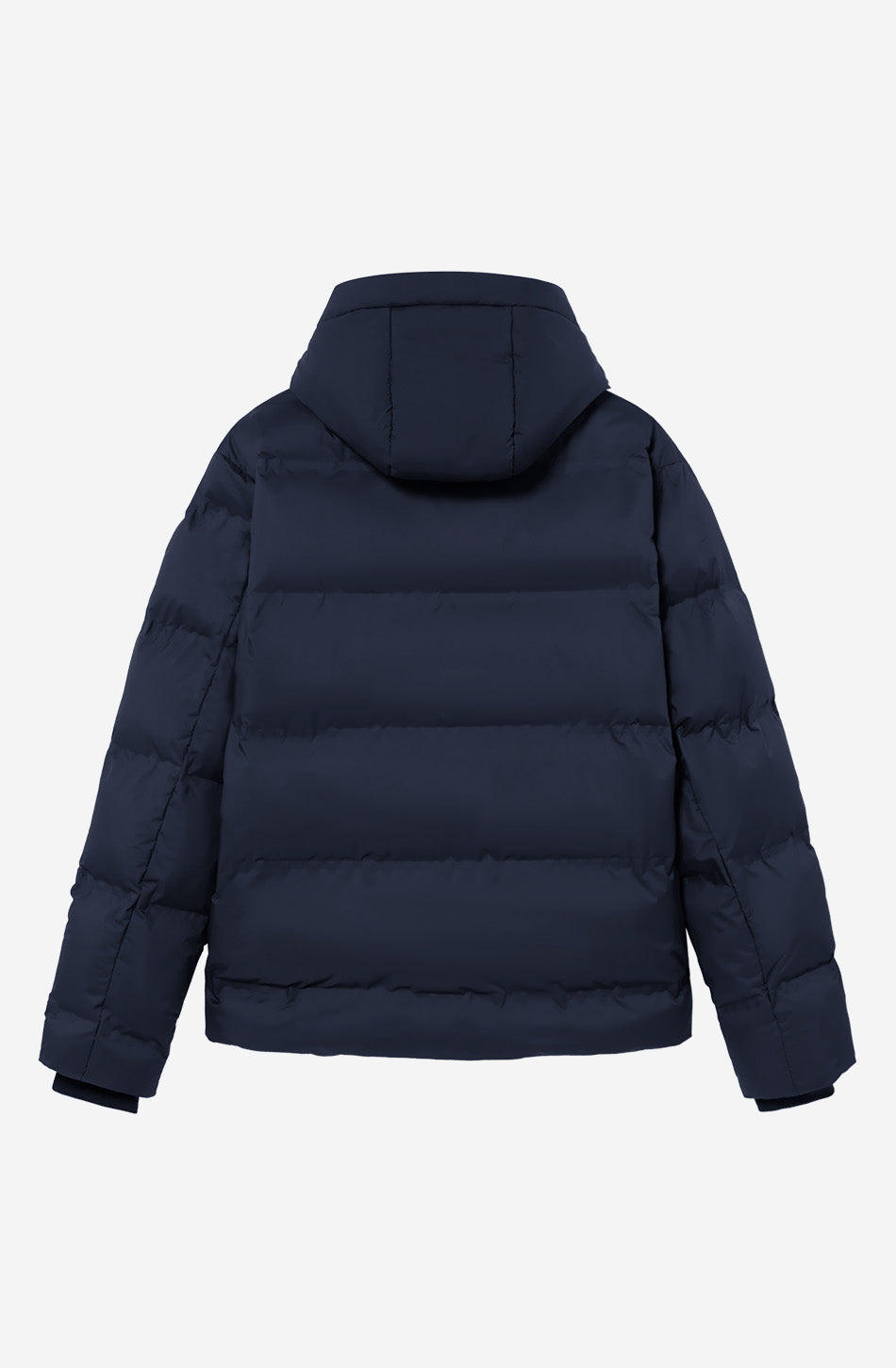 Chaqueta acolchada azul marino oscuro con capucha, cierre frontal y logo Kaotiko bordado en el pecho.