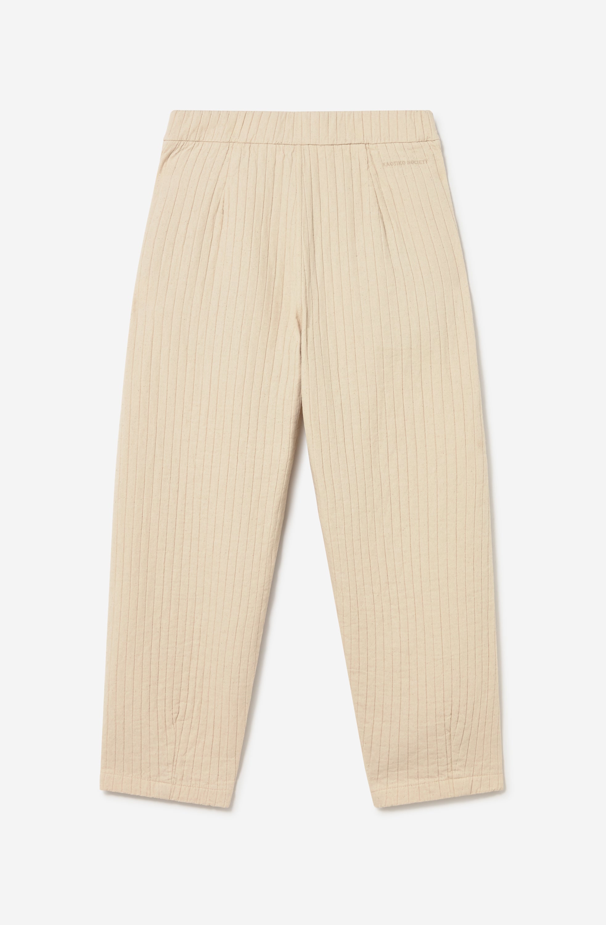 Pantalón unisex color natural con textura de rayas verticales, pierna recta y bolsillos laterales.