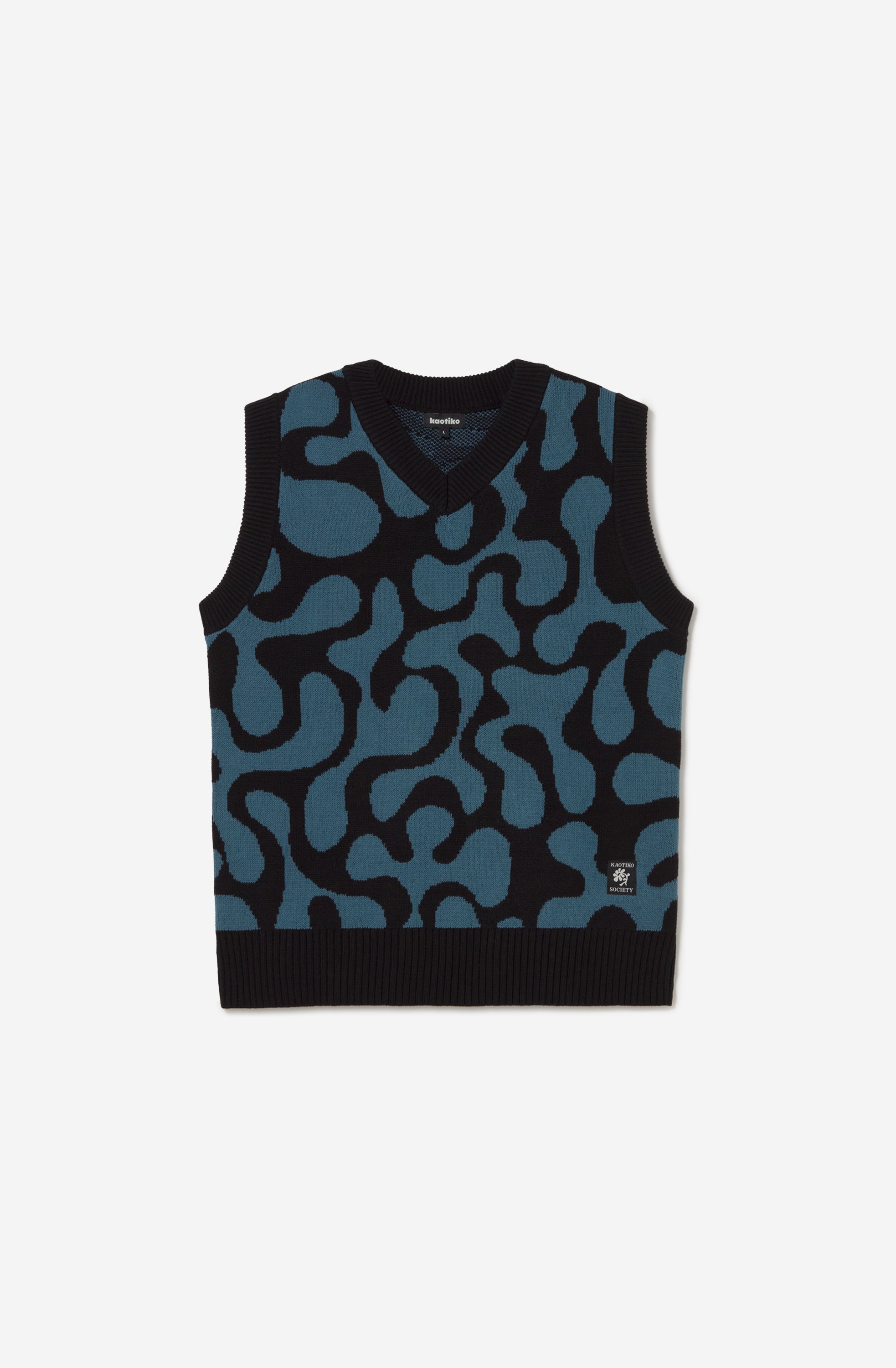 Chaleco unisex de punto con diseño jacquard azul y negro.