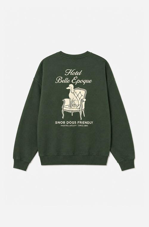Sudadera relaxed de mujer verde con cuello redondo y gráfico Snob Dogs.

