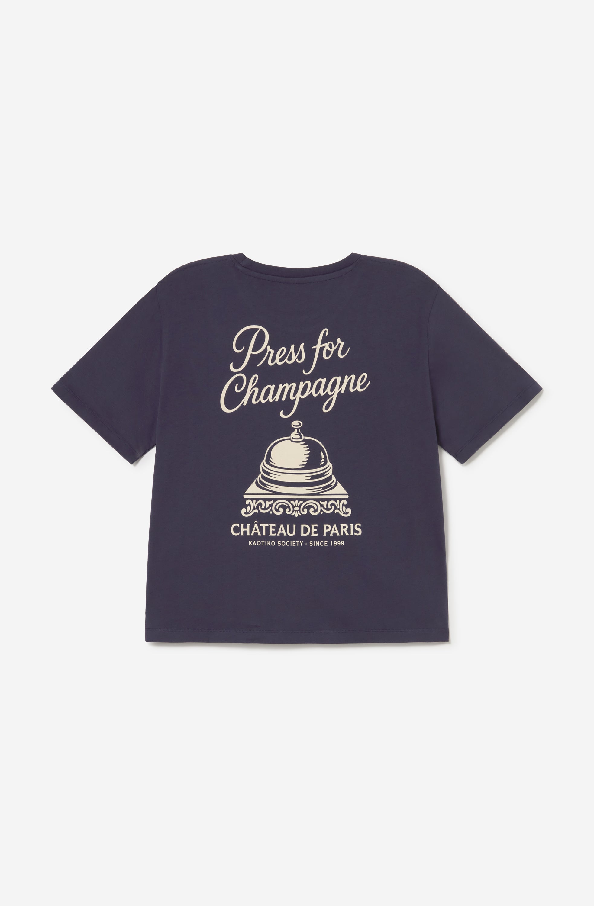 Camiseta Champagne Navy unisex con gráfico Press for Champagne inspirado en la estética parisina de Kaotiko BCN