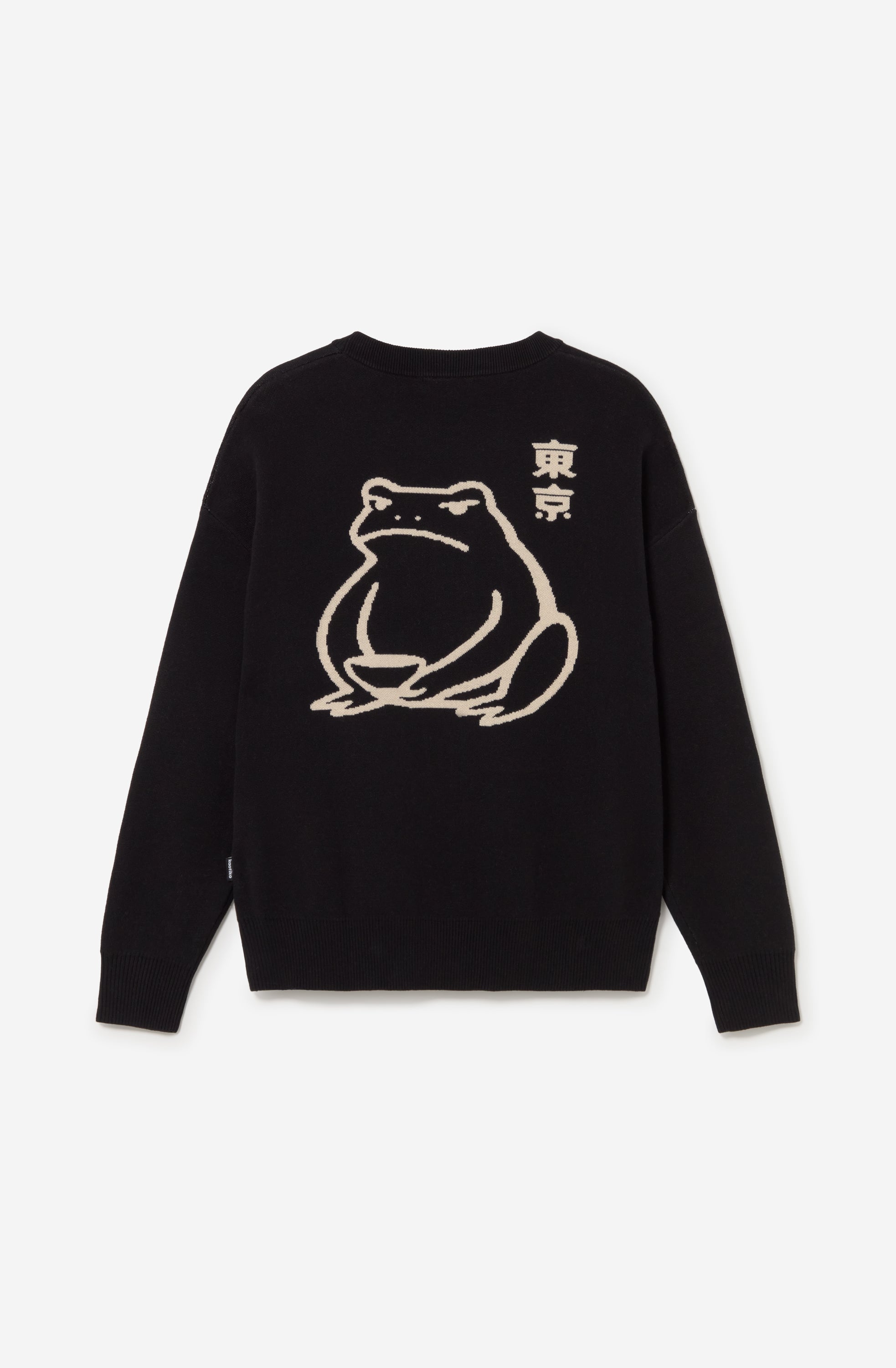 Jersey unisex de punto negro con detalle de caracteres japoneses en el pecho y gran jacquard de una rana con gráficos inspirados en Japón en la espalda.