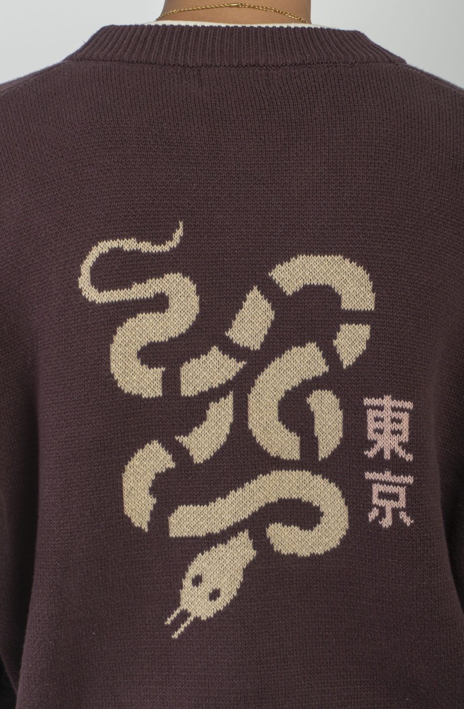 Cardigan unisex de punto marrón con botones, bordado Kaotiko Society en el pecho y gran jacquard de serpiente con detalles inspirados en Japón en la espalda.