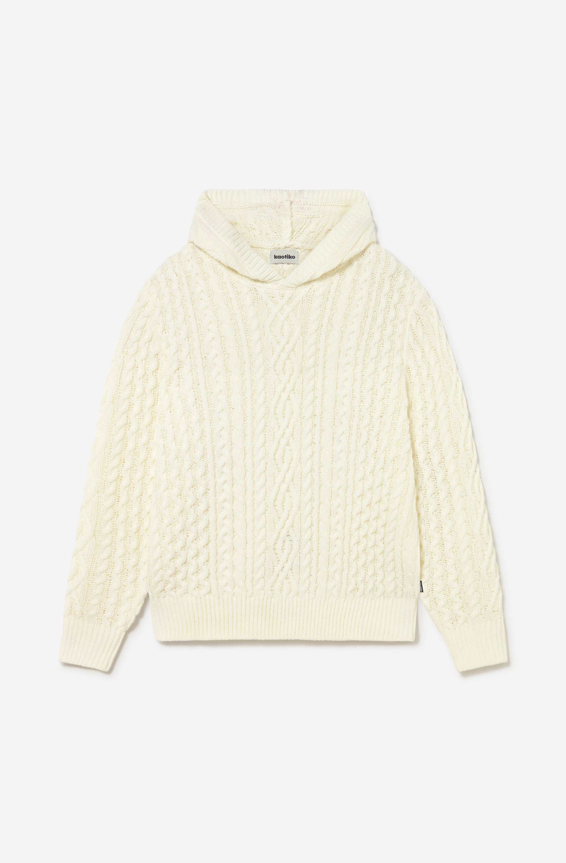 Sudadera unisex de punto trenzado color marfil con capucha y fit relajado de inspiración après ski.