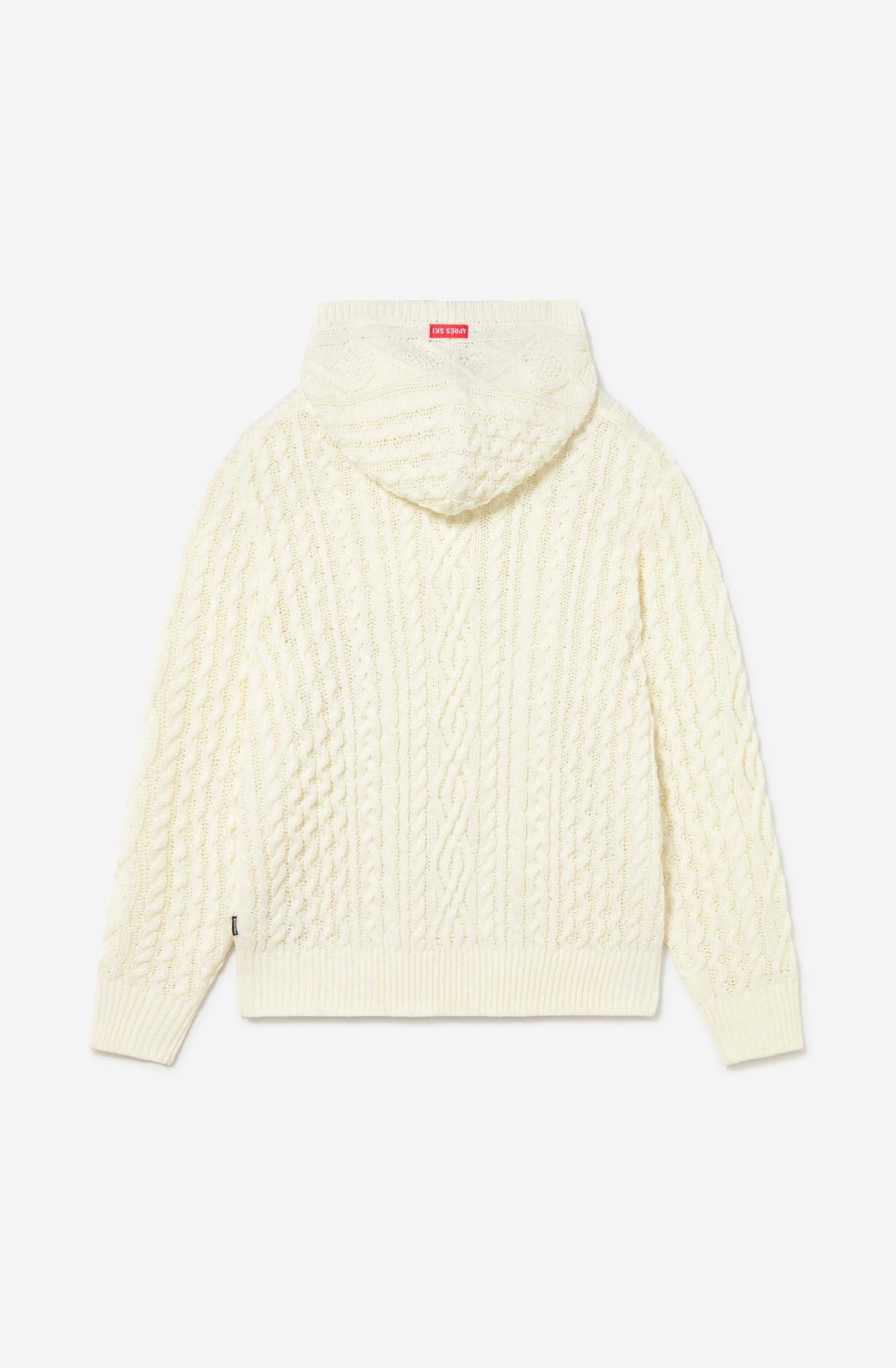 Sudadera unisex de punto trenzado color marfil con capucha y fit relajado de inspiración après ski.