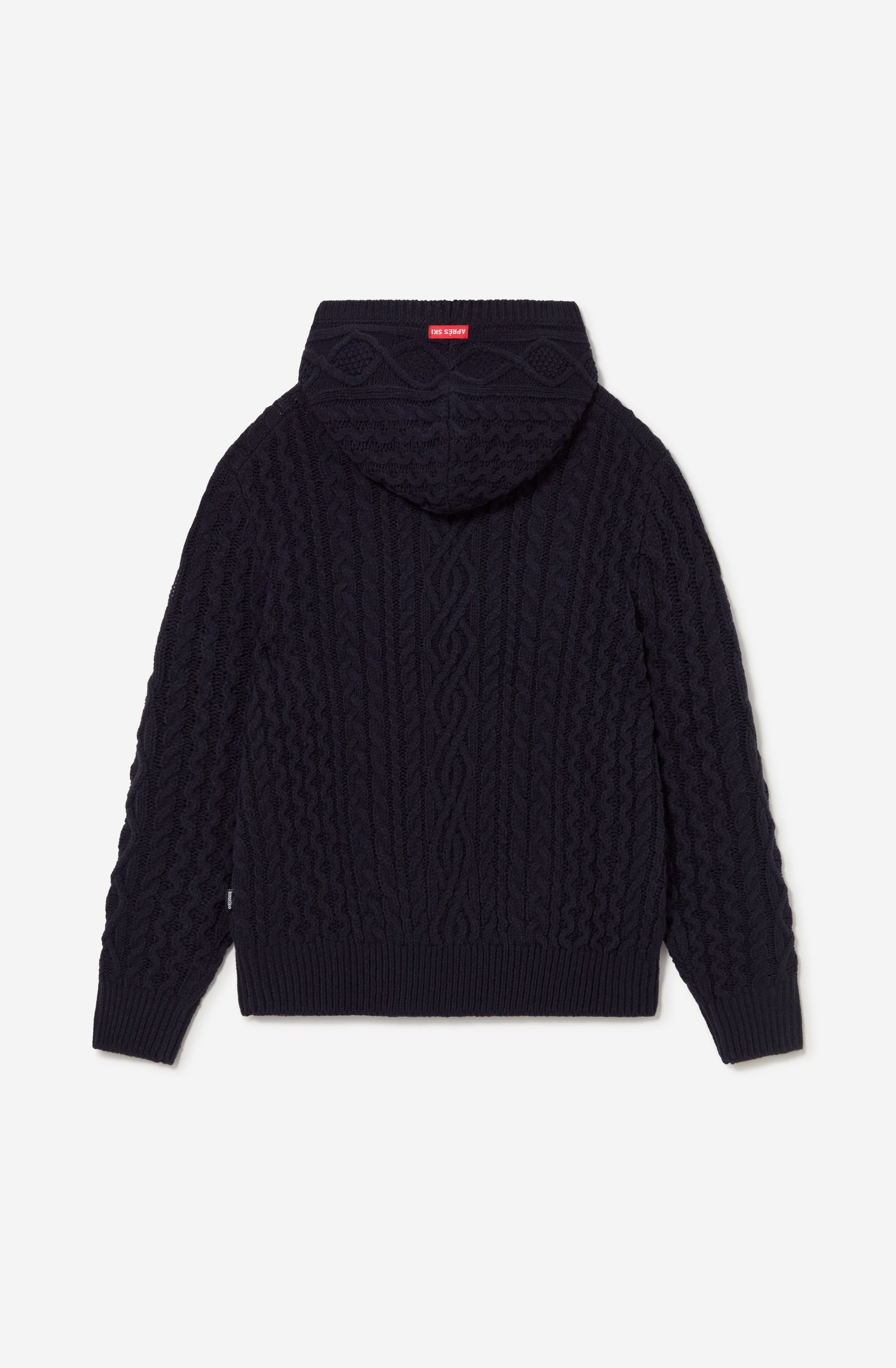 Sudadera unisex de punto trenzado azul marino con capucha y fit relajado de inspiración après ski.