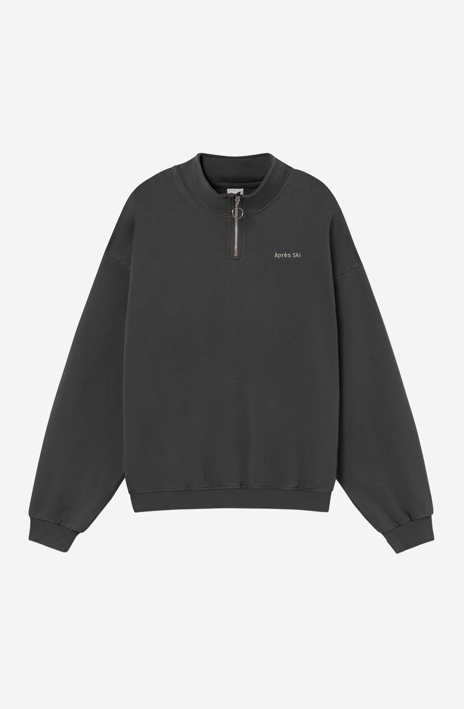 Sudadera Zipper Washed Après Ski Black negra con cuello alto, media cremallera y bordado Après Ski en el pecho.