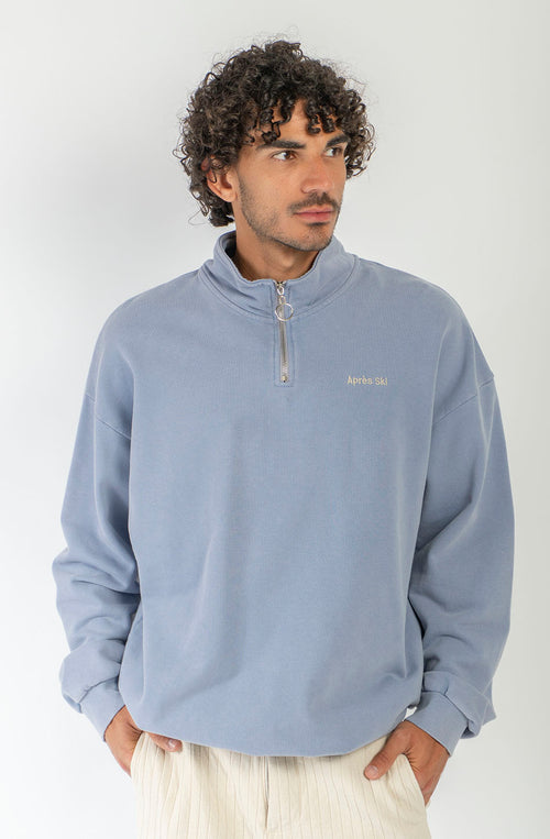 Sudadera Zipper Washed Ski Steel unisex azul acero lavado con cuello alto y media cremallera