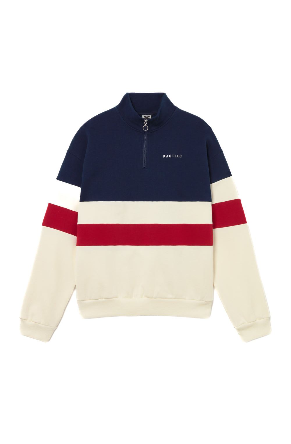 Sudadera crew con cremallera Carter en color Ivory con detalles Blue y Salsa, fit regular, 100% algodón, diseño streetwear de Kaotiko BCN.