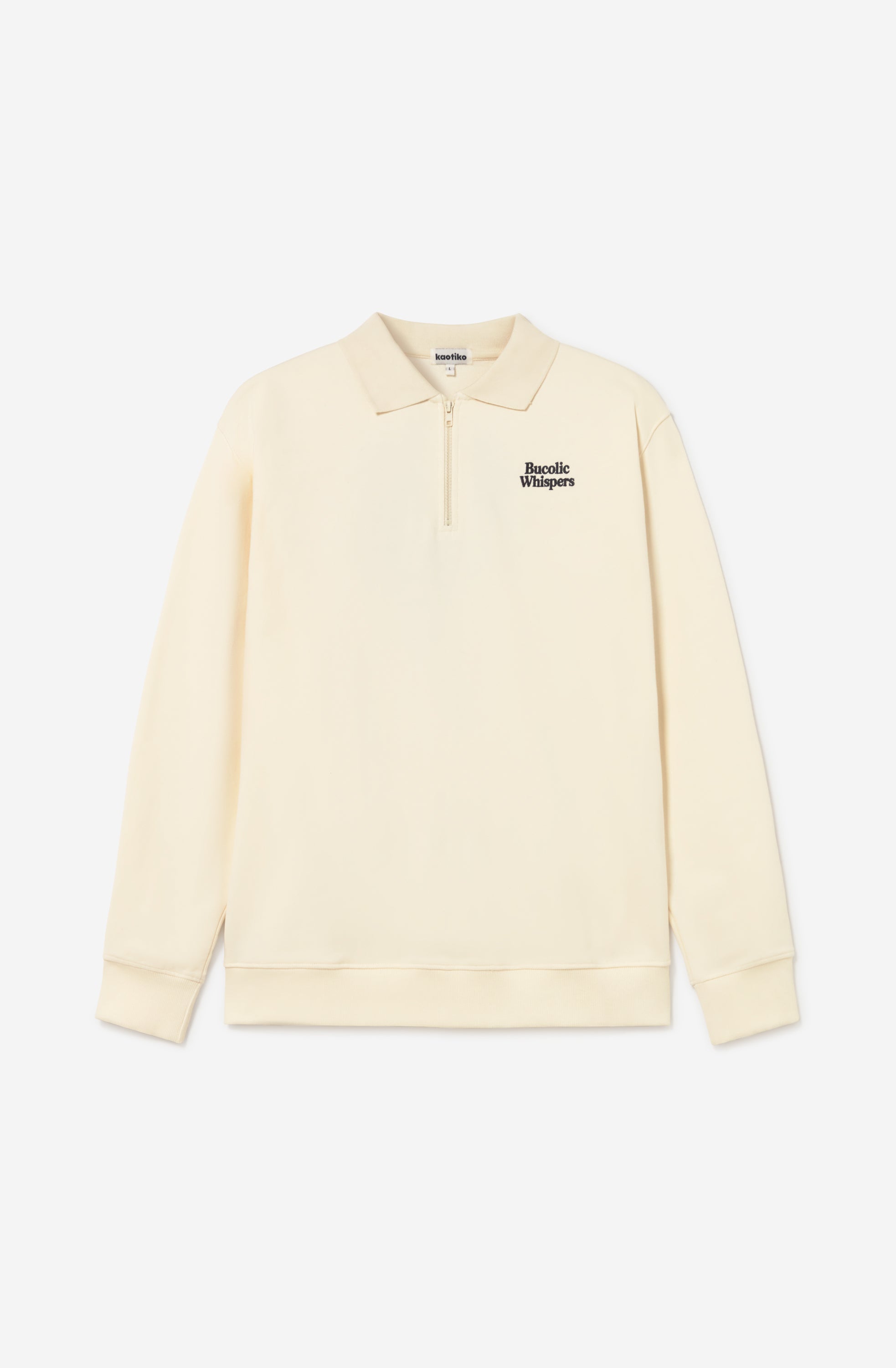 Sudadera zipper ivory con cuello polo, logo Bucolic Whispers en el pecho y bordado floral en la espalda.