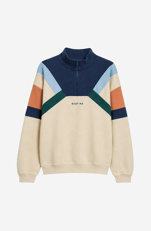 Sudadera Aleck unisex color Bone con detalles Sky Blue, verde y salmón y media cremallera