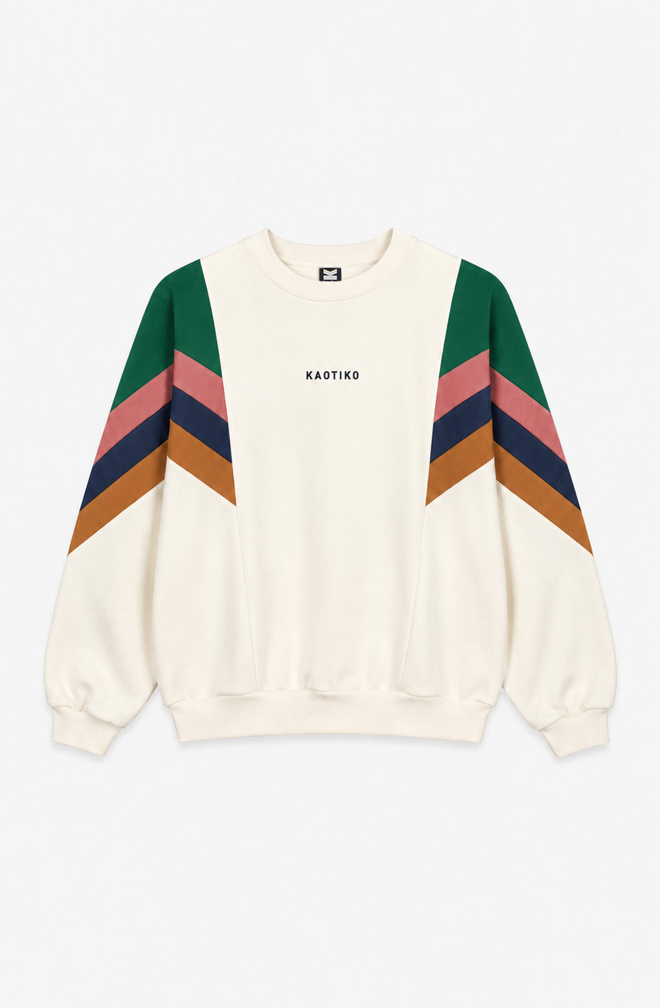 Sudadera unisex Ginger en color crudo con franjas diagonales verdes, rosas, azul marino y naranja en las mangas, cuello redondo y logo Kaotiko en el pecho.