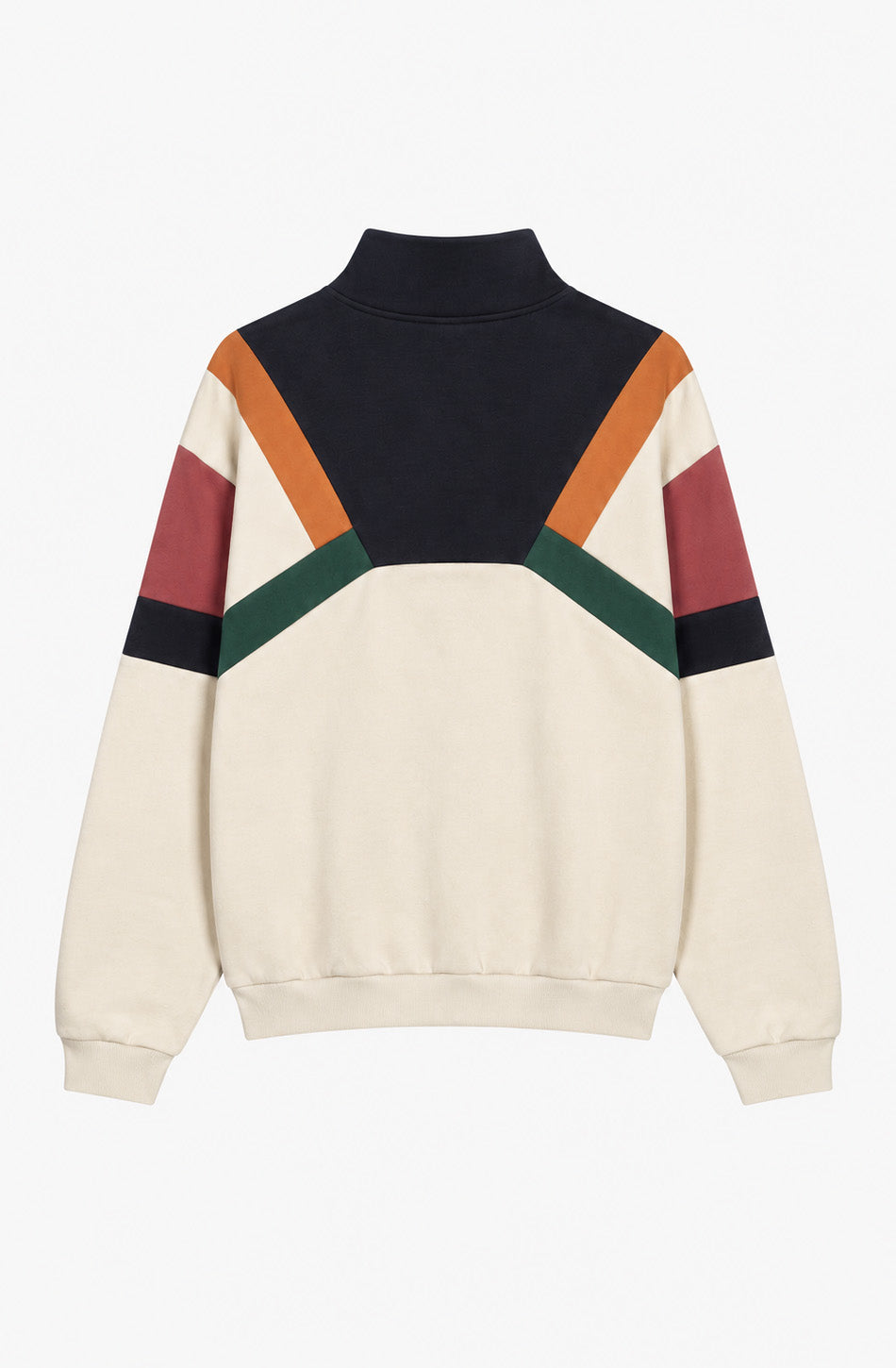 Sudadera unisex Aleck en color crudo con paneles geométricos azul marino, naranja, verde y rosa, cuello alto con media cremallera y logo Kaotiko en el pecho.