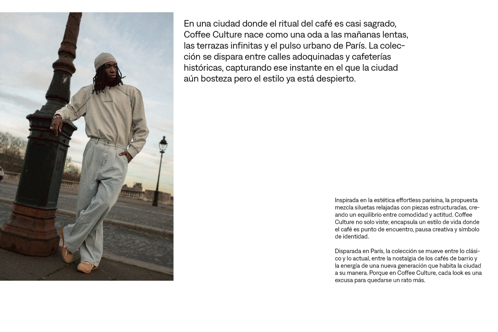 Modelo hombre vistiendo sudadera oversize beige y pantalones anchos estilo streetwear en París
